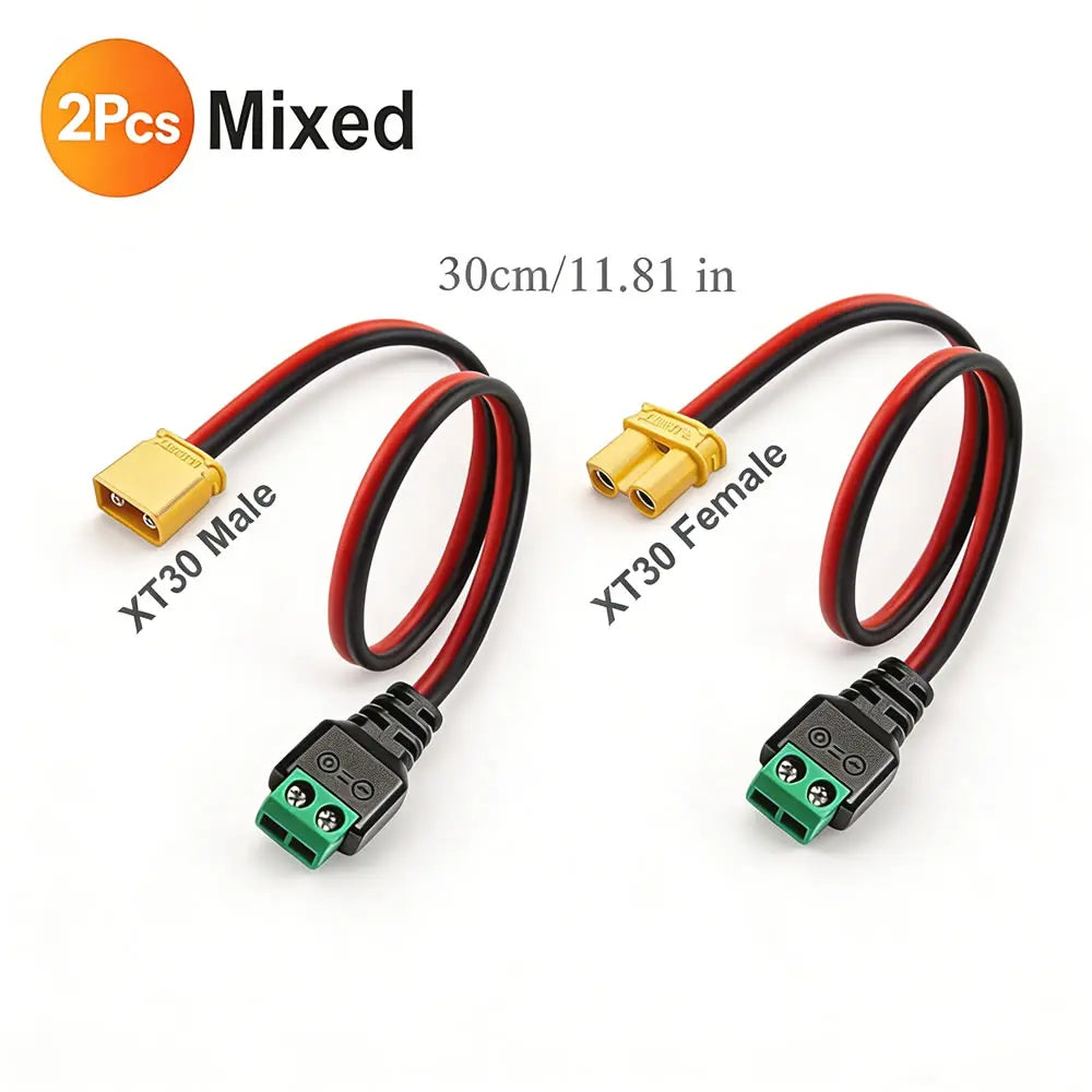 XT30 Male Female Connector Plug to Solderless 2 Pin Screw Terminal Adapter for FPV Drones RC Lipo Fixed Wing Battery Connections