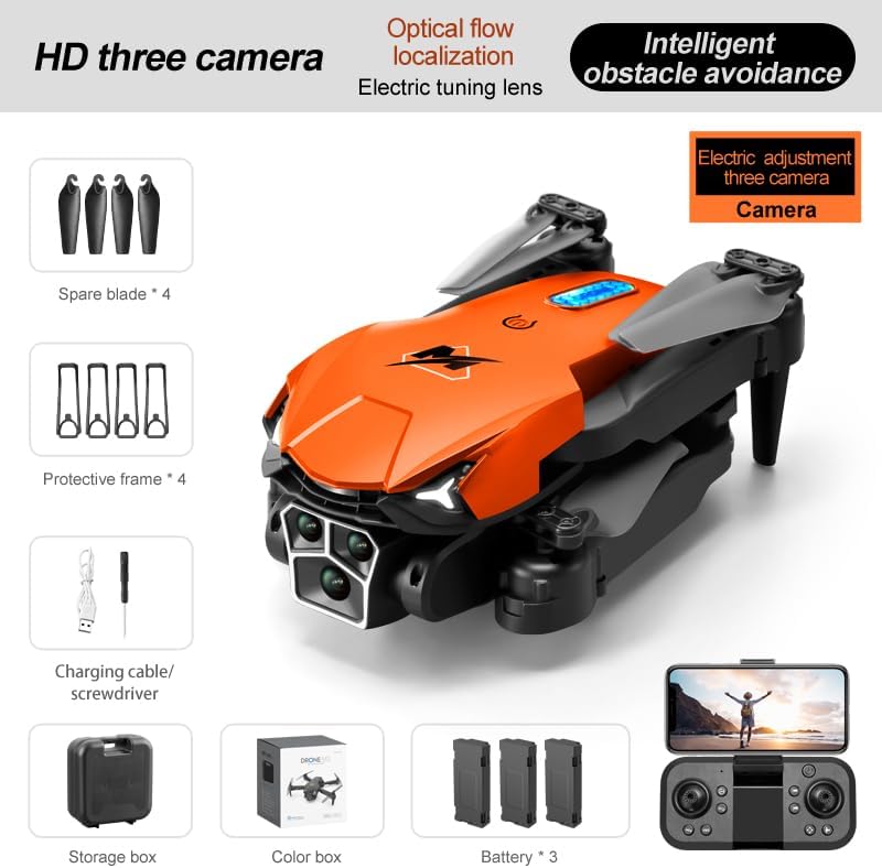 Obstacle avoidance Optical flow location WiFi FPV with 3 HD Camera Altitude Hold Mode Foldable RC Drone Quadcopter with Carry Case & 3 Batteries (Orange)