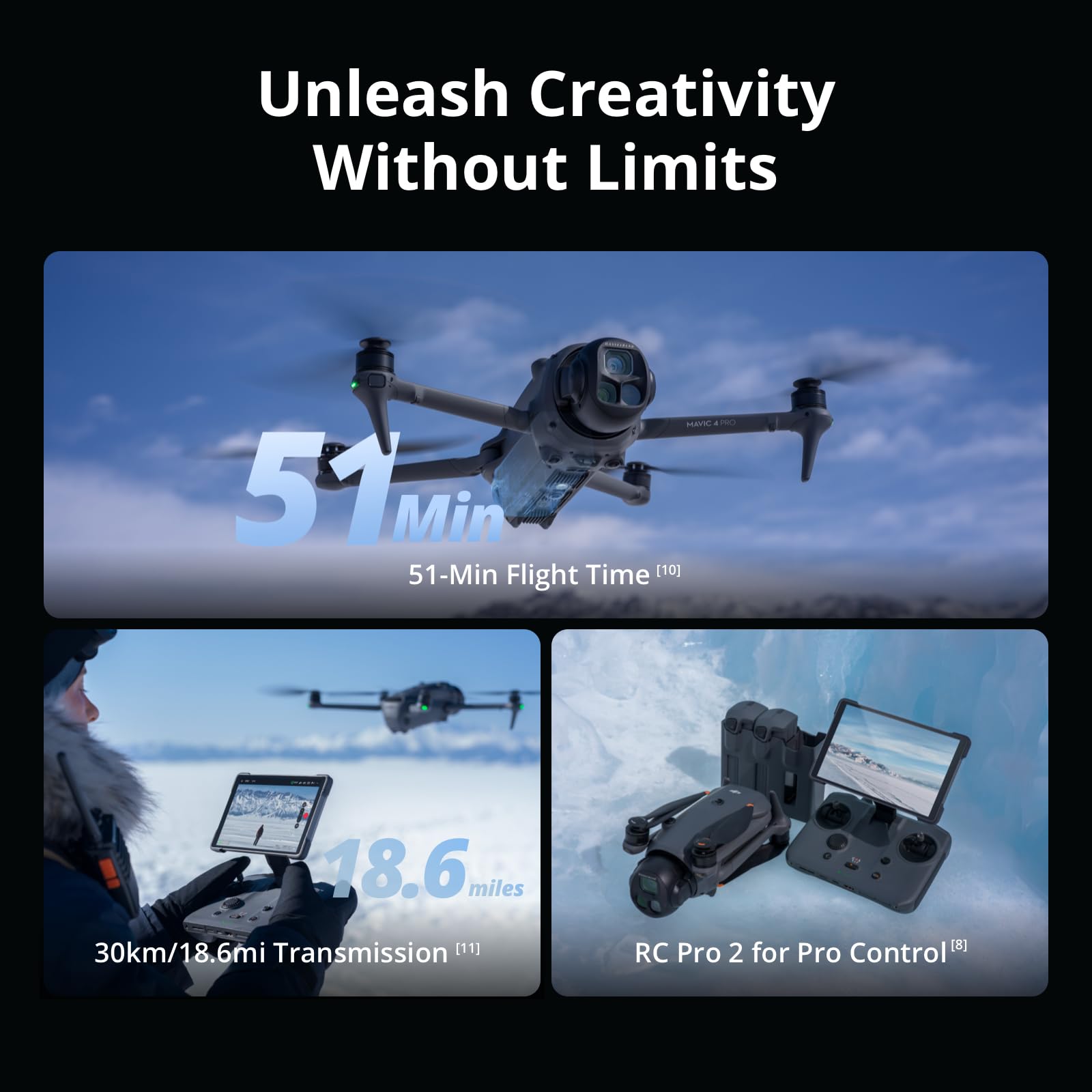 DJI Mavic 4 Pro Drone with DJI RC 2, Flagship Tri-Camera Drone with 100MP 4/3 CMOS Hasselblad Camera, for Professionals, 30km/18.6mi Video Transmission, 51-Min Max Flight Time