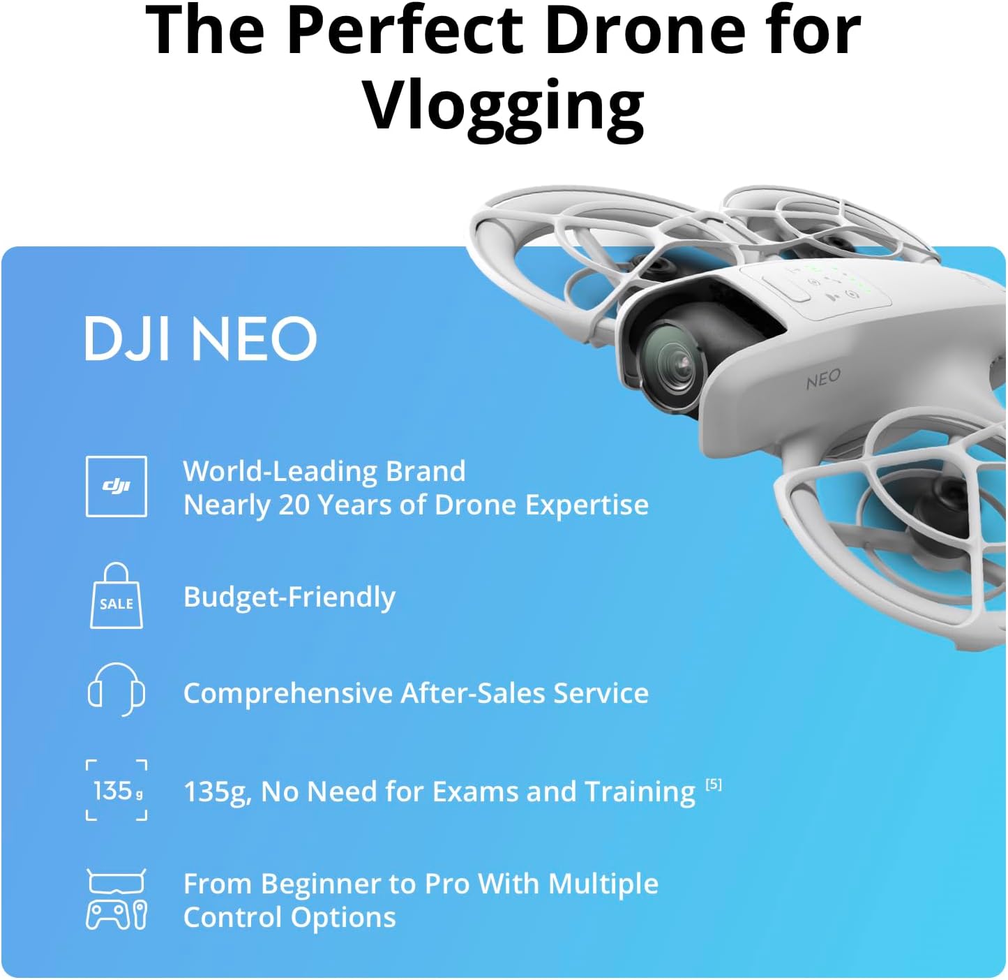 DJI Neo, Mini Drone with 4K UHD Camera for Adults, 135g Self Flying Drone that Follows You, Palm Takeoff, Subject Tracking, QuickShots, Stabilized Video, Built-In Propeller Guard (Controller-Free)