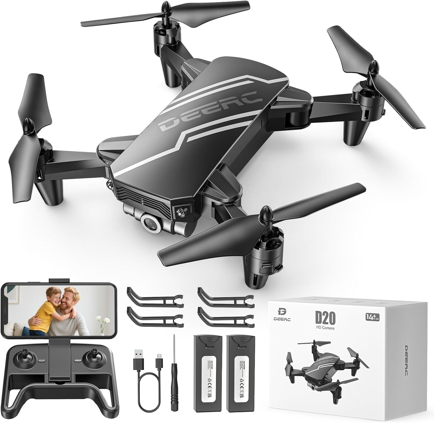DEERC D20 Mini Drone with Camera for Kids, Remote Control Toys Gifts for Boys Girls with Voice Control, Gestures Selfie, Altitude Hold, Gravity Control, One Key Start, 3D Flips 2 Batteries, Blue