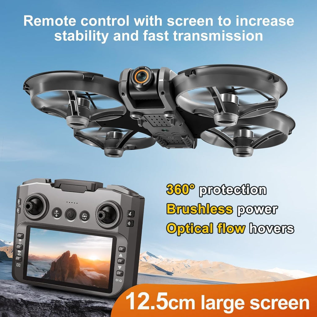 Drone with LCD Screen Remote, Brushless Motor Drone with Dual Cameras (Electric Angle Adjustment), Optical Flow Positioning, 6CH Gyro, WIFI FPV, True 12-15min Flight (1800mAh), 3 Speeds, Headless Mode, LED Lights, USB Rechargeable