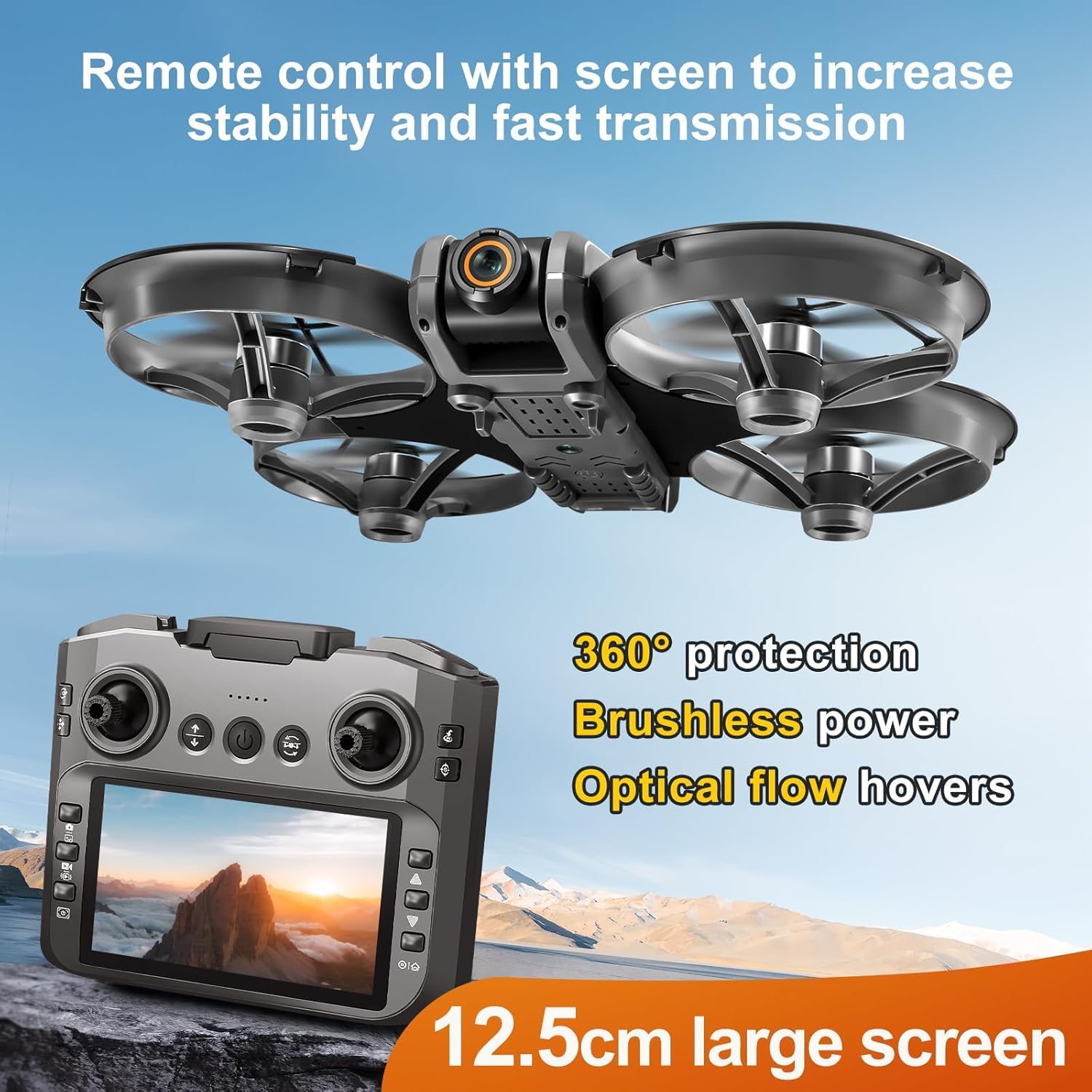 Drone with LCD Screen Remote, Brushless Motor Drone with Dual Cameras (Electric Angle Adjustment), Optical Flow Positioning, 6CH Gyro, WIFI FPV, True 12-15min Flight (1800mAh), 3 Speeds, Headless Mode, LED Lights, USB Rechargeable