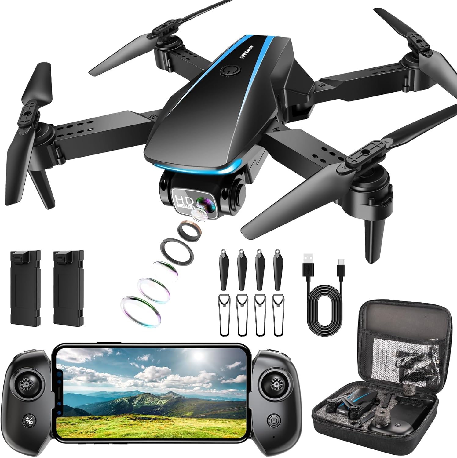 Oddire Drone with Camera - Drones for Adults, with 2 Batteries, Carrying Case, Propellers, 1080P HD Foldable Drone with Stable Hover, Trajectory Flight, Gravity Control, One Key Take Off/Land, 3D Flip(Black)