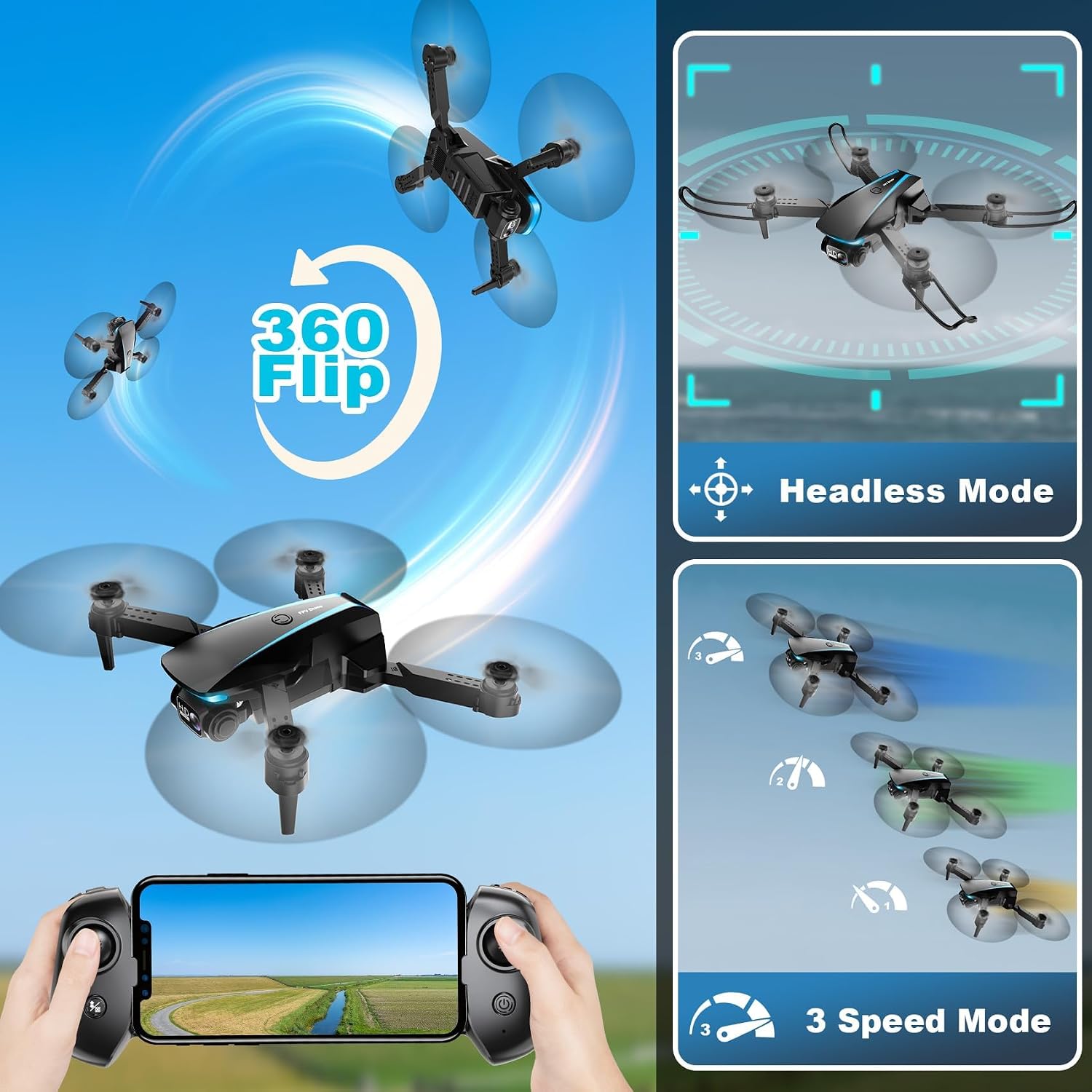 Oddire Drone with Camera - Drones for Adults, with 2 Batteries, Carrying Case, Propellers, 1080P HD Foldable Drone with Stable Hover, Trajectory Flight, Gravity Control, One Key Take Off/Land, 3D Flip(Black)