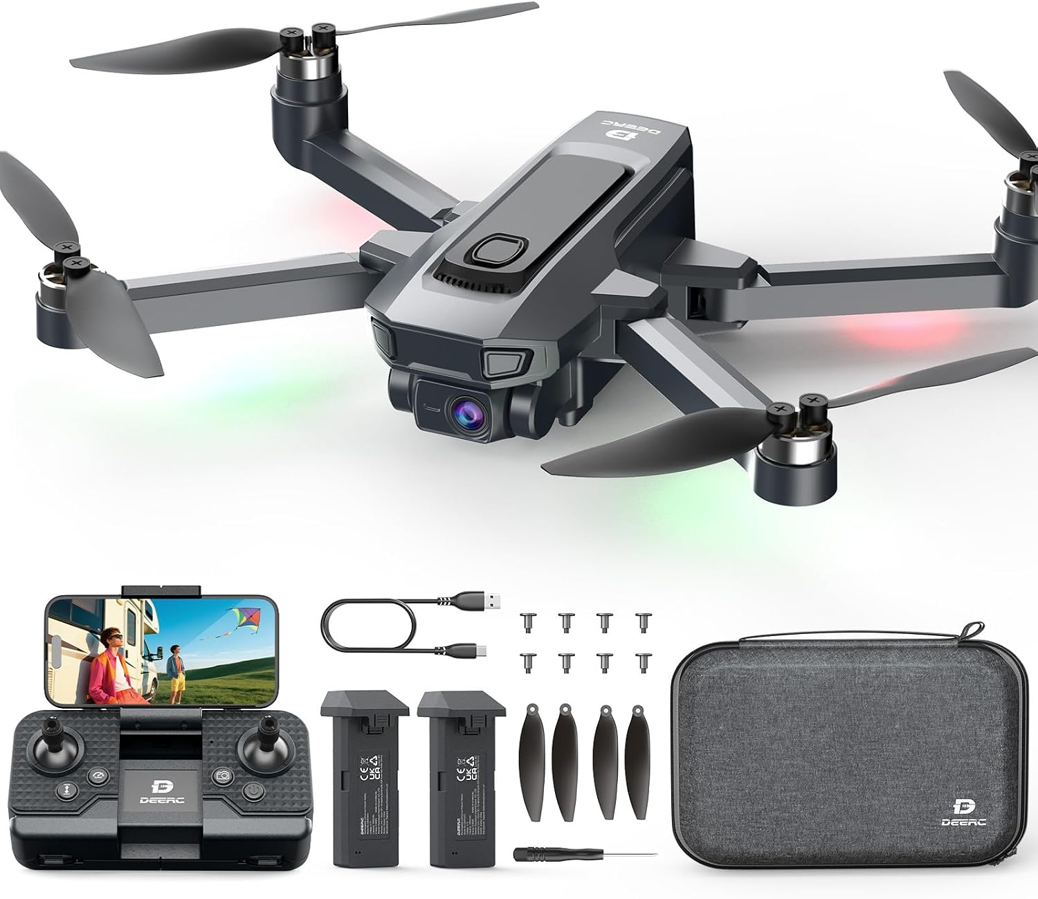 DEERC Drone with 1080P Camera for Adults with 5G Transmission, Foldable RC Quadcopter Small Drone Toys, Brushless Motor, Altitude Hold, 3D Flips, 2 Batteries