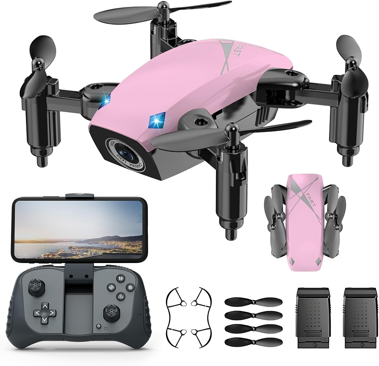 Mini Drone with 1080P Camera, RC Quadcopter for Kids 8-14, Foldable Pocket Drone with Voice Control, Altitude Hold (Pink)