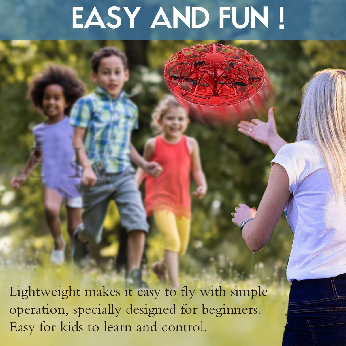 ZeroPlusOne® Hand Operated Drones for Kids or Adults - Air Magic Scoot Hands Free Mini Drone Helicopter, Easy Indoor UFO Flying Ball Drone Toys for Boys or Girls (RED)