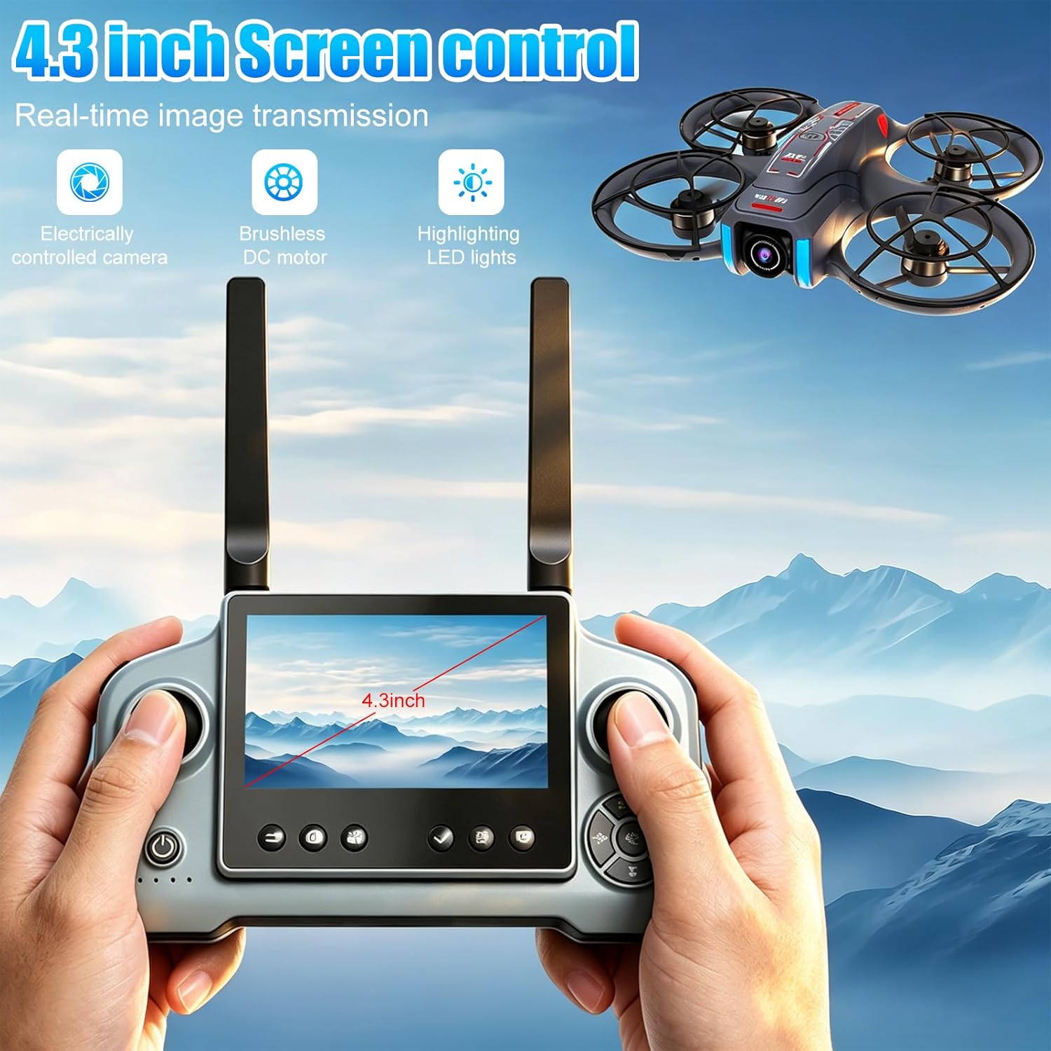 OBEST Drone With Camera 1080P Remote Control with 4.3 Inch Screen,Brushless Motor,Optical Flow Hovering, Infrared Four-Way Obstacle Avoidance,90° Remote Adjustable Camera,Dual Battery