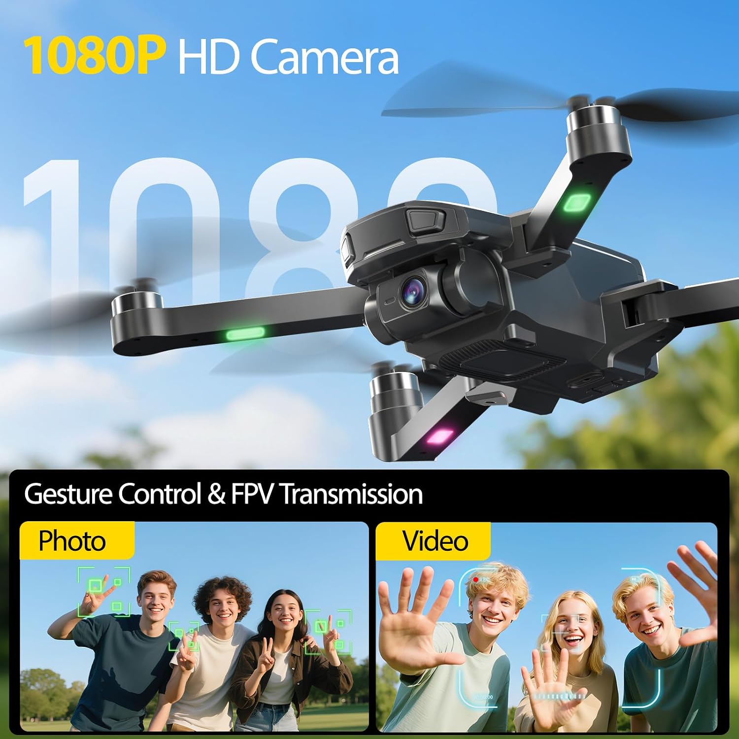 DEERC Drone with 1080P Camera for Adults with 5G Transmission, Foldable RC Quadcopter Small Drone Toys, Brushless Motor, Altitude Hold, 3D Flips, 2 Batteries