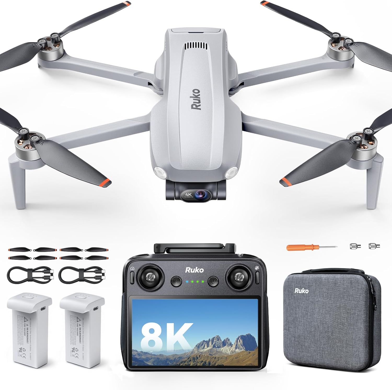 Ruko MINI 2(RC3), Professional 8K Drone with 5.5" Screen Controller, Drones with camera for Adults 4K Video, 3-Axis Gimbal, 20000ft FPV Transmission, Under 249g, Beginner (64-Min Flight)