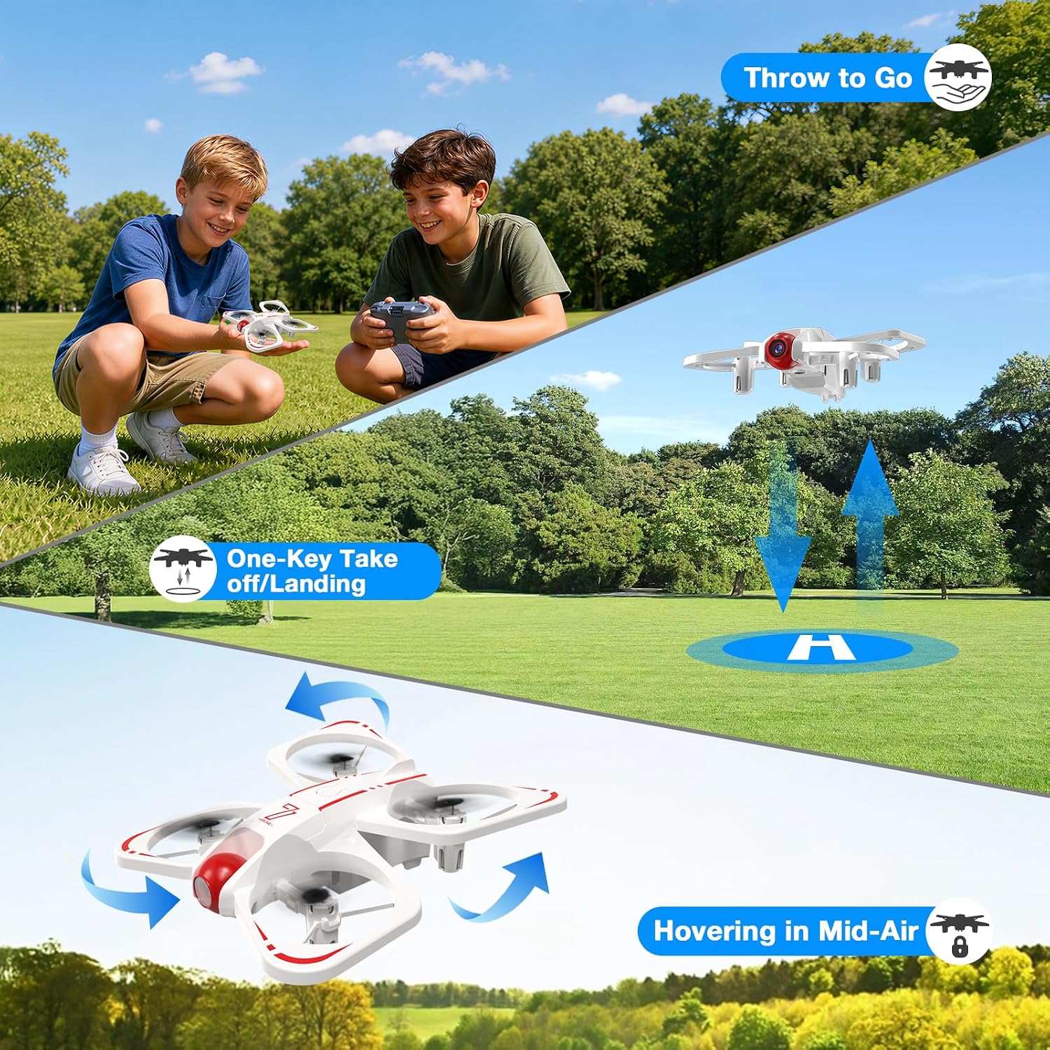 LED RC Drone for Kids Toys, Mini Drone with Dual Camera,3 Batteries,Speed Selection,Easy to Fly, One Key Start, Altitude Hold, 360° Flips, Circle Fly, Headless Mode, Indoor and Outdoor Flying Toy (blue-white)