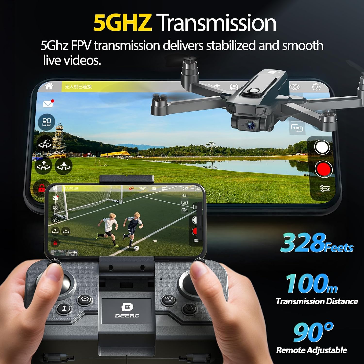 DEERC Drone with 1080P Camera for Adults with 5G Transmission, Foldable RC Quadcopter Small Drone Toys, Brushless Motor, Altitude Hold, 3D Flips, 2 Batteries